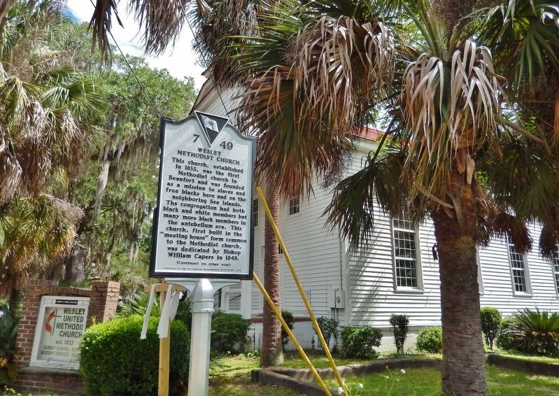 Wesley Methodist Church Marker<br>(<i>side 1; wide view; church in background</i>) image. Click for full size.