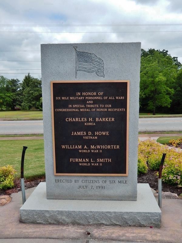 Six Mile Veterans Monument (<i>monument now faces Town Hall; South Main Street in background</i>). Click for full size. Six Mile Veterans Monument (<i>monument now faces Town Hall; South Main Street in background</i>) image. Click for full size.