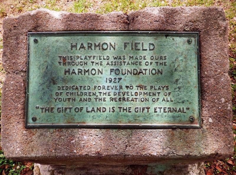Harmon Field Dedication Plaque, 1927<br>(<i>located on pedestal, on field, near marker</i>) image. Click for full size.