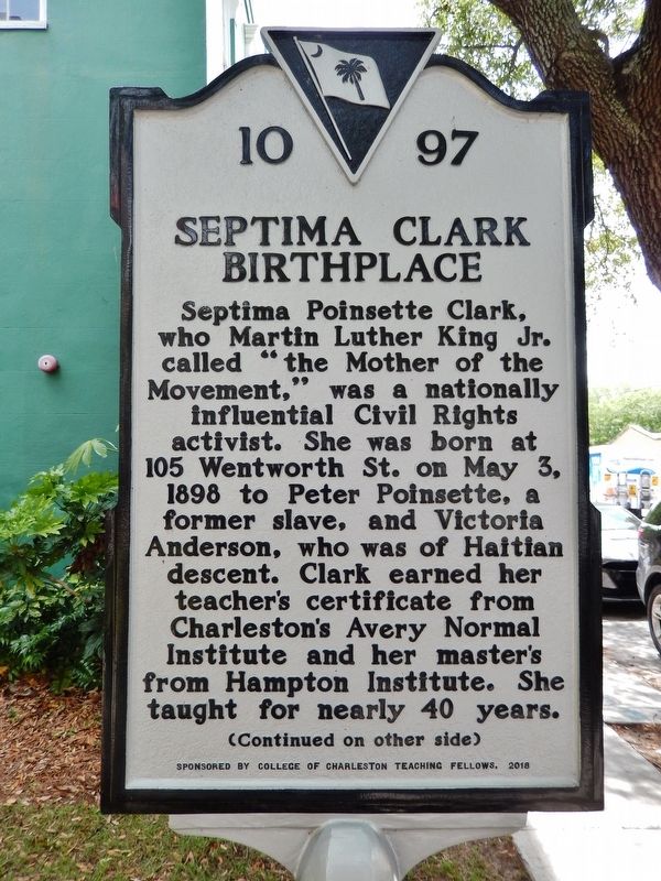 Septima Clark Birthplace Marker (<i>side 1</i>) image. Click for full size.