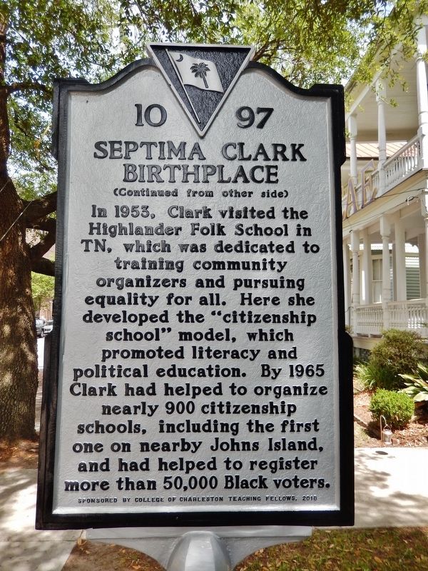 Septima Clark Birthplace Marker (<i>side 2</i>) image. Click for full size.
