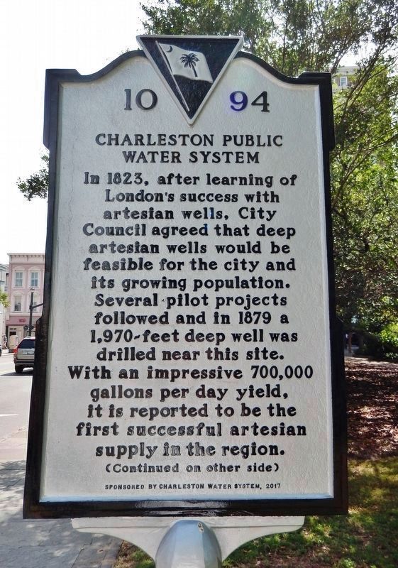 Charleston Public Water System Marker (<i>side 1 faces east Calhoun Street on left</i>). Click for full size. Charleston Public Water System Marker (<i>side 1 faces east Calhoun Street on left</i>) image. Click for full size.