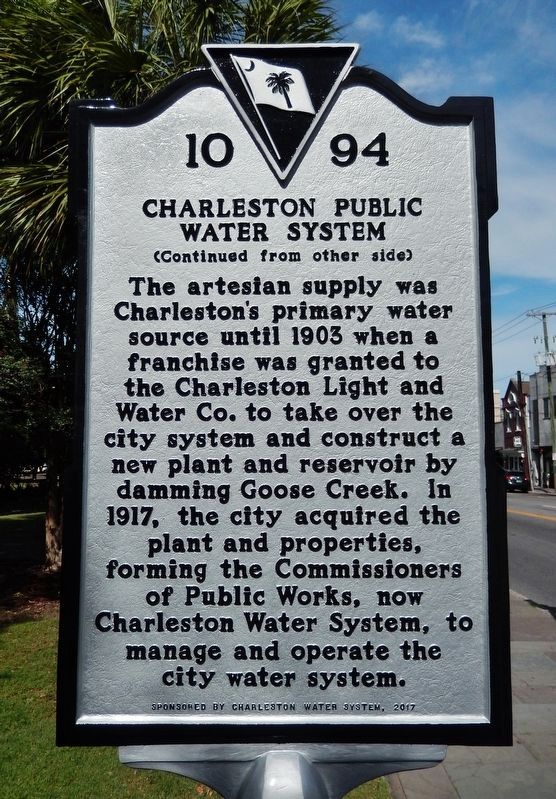 Charleston Public Water System Marker (<i>side 2 faces west Calhoun Street on right</i>). Click for full size. Charleston Public Water System Marker (<i>side 2 faces west Calhoun Street on right</i>) image. Click for full size.