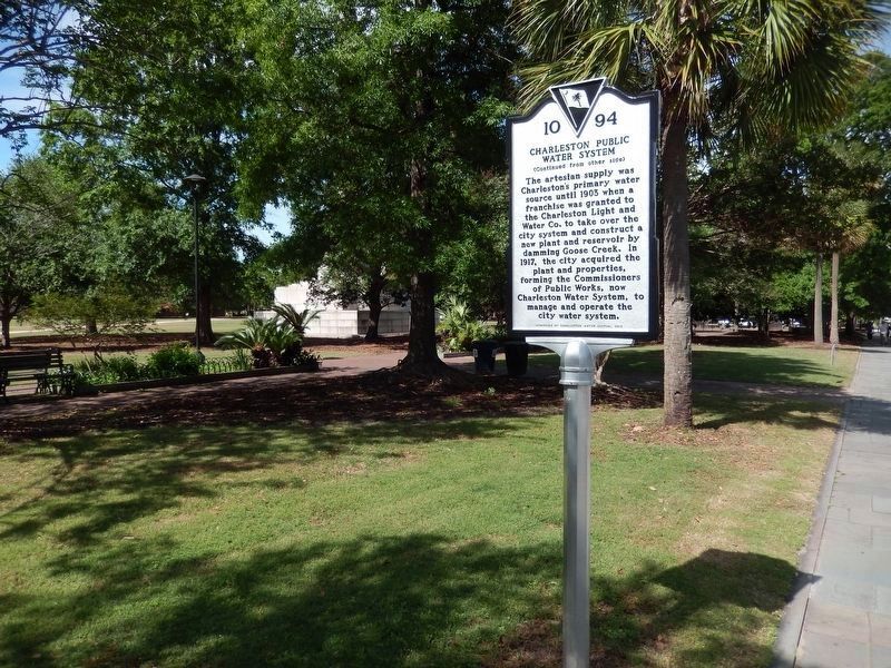 Charleston Public Water System Marker (<i>wide view from sidewalk Marion Square on left</i>). Click for full size. Charleston Public Water System Marker (<i>wide view from sidewalk Marion Square on left</i>) image. Click for full size.