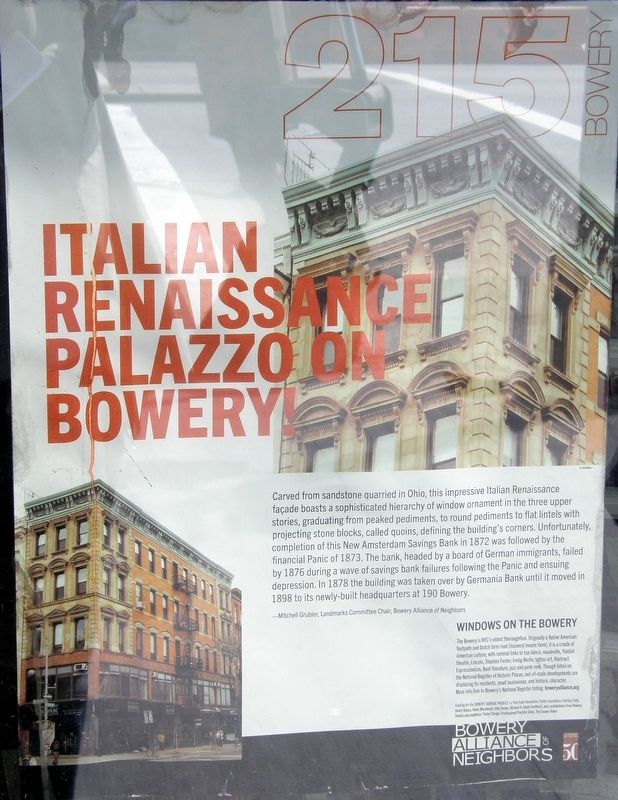 Italian Renaissance Palazzo On Bowery Marker image. Click for full size.