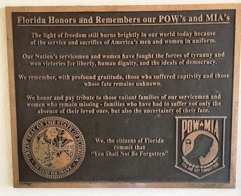Florida Honors and Remembers our POW’s and MIA’s Marker. Click for full size. Florida Honors and Remembers our POW’s and MIA’s Marker image. Click for full size.