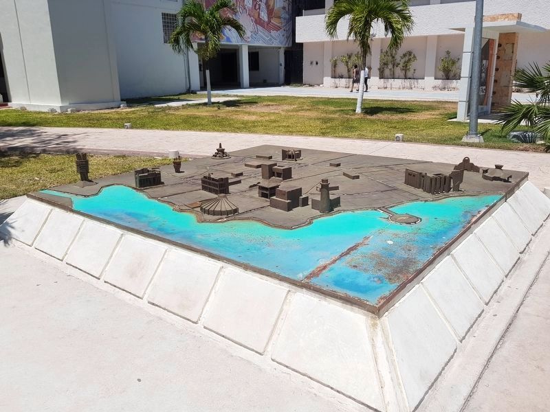 A nearby bronze map of Chetumal during an earlier time, just east of the Government Palace image. Click for full size.
