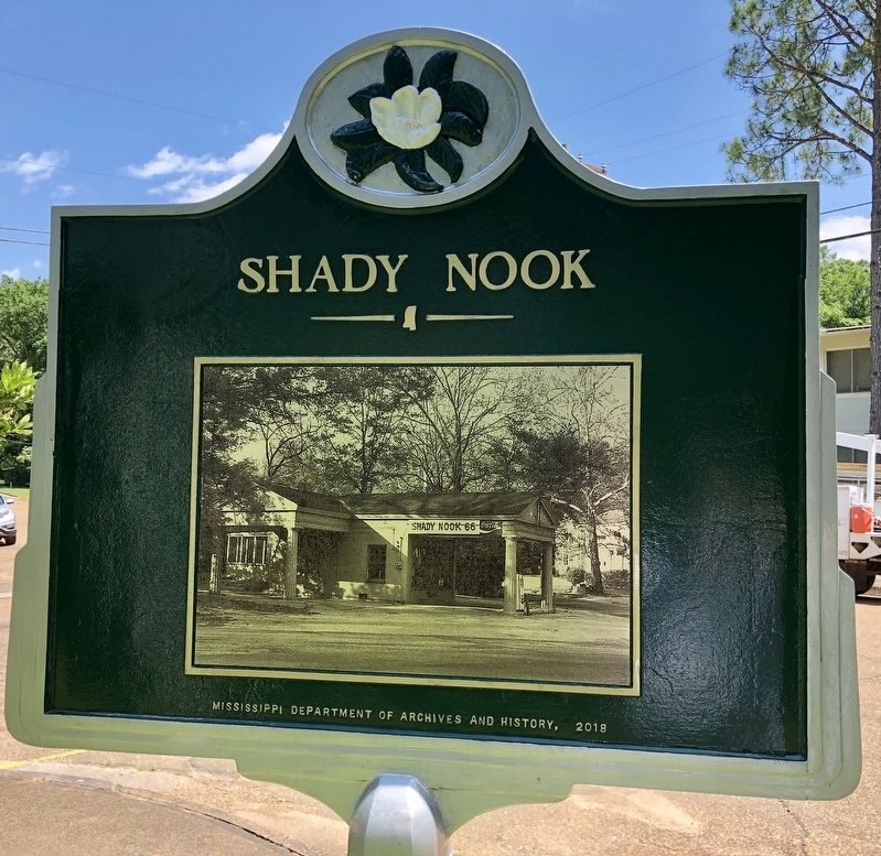 Reverse side of the Shady Nook Marker showing the former gas station. image. Click for full size.