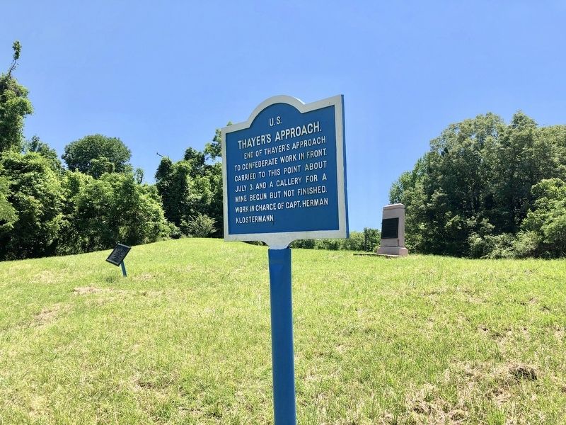 Iowa 26th Infantry Marker on left at Confederate position. image. Click for full size.