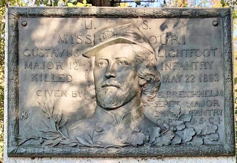 Relief sculpture of Gustavus Lightfoot at bottom of Thayer's Approach. image. Click for full size.
