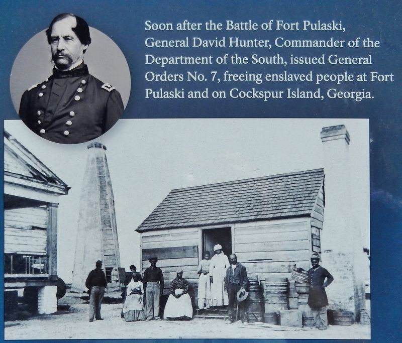 Marker detail: Formerly enslaved people lived in the village supporting the Fort Pulaski post image. Click for full size.
