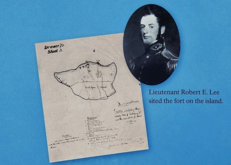 Marker detail: Lieutenant Robert E. Lee sited the fort on the island image. Click for full size.