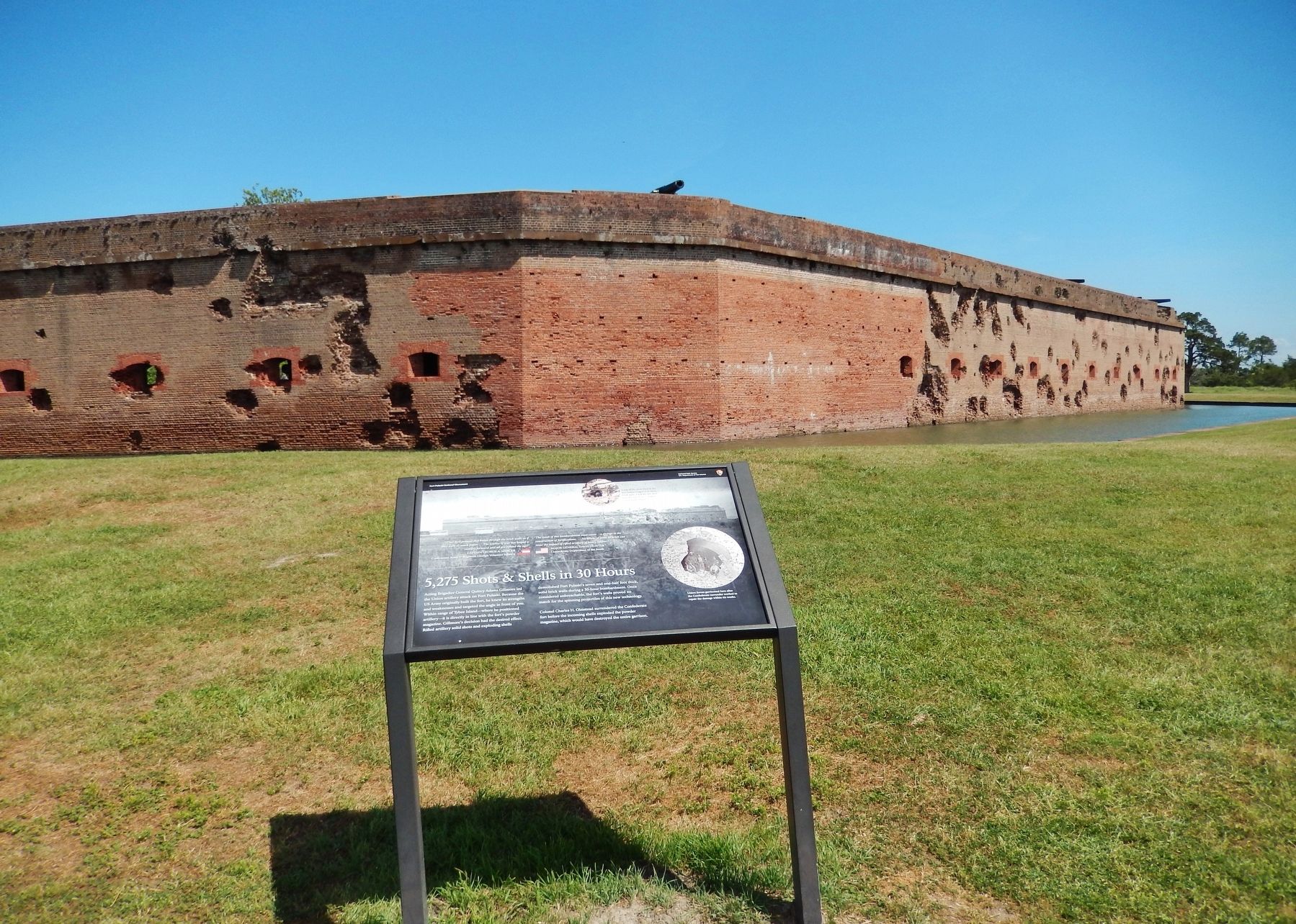5,275 Shots & Shells Marker (<i>wide view damaged south & east walls in background</i>). Click for full size. 5,275 Shots & Shells Marker (<i>wide view damaged south & east walls in background</i>) image. Click for full size.