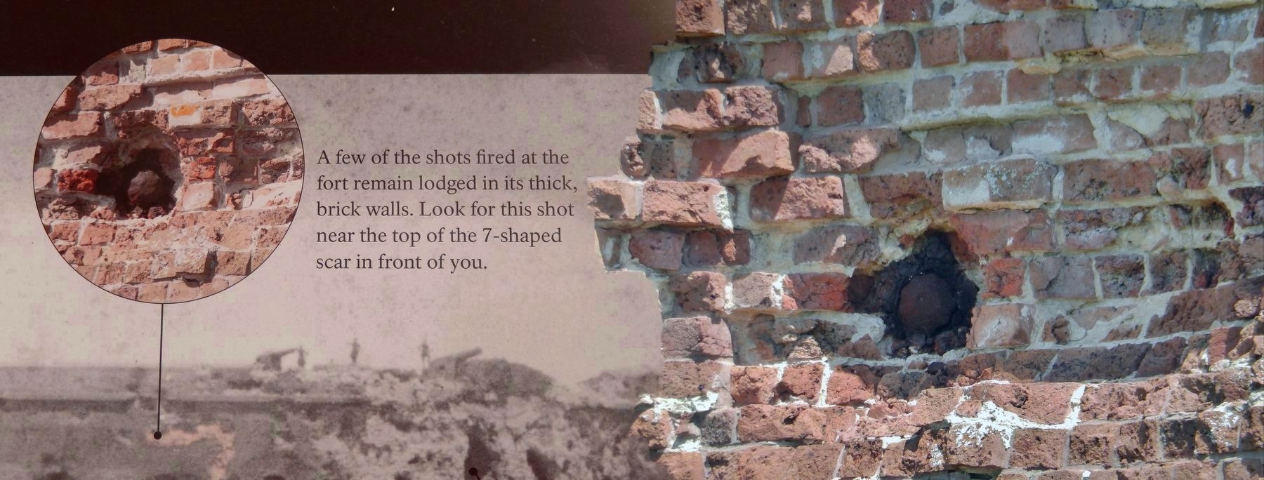 Fort Pulaski South Wall Embedded Cannonball<br>(<i>marker detail left • closeup photo right</i>) image. Click for full size.