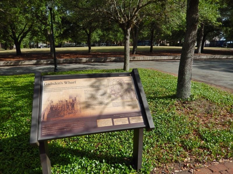 Gadsden's Wharf Marker (<i>wide view &bull; Liberty Square park in background</i>) image. Click for full size.
