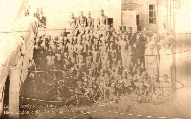 Marker detail: Cargo of newly released slaves on board HMS London, c. 1880 image. Click for full size.