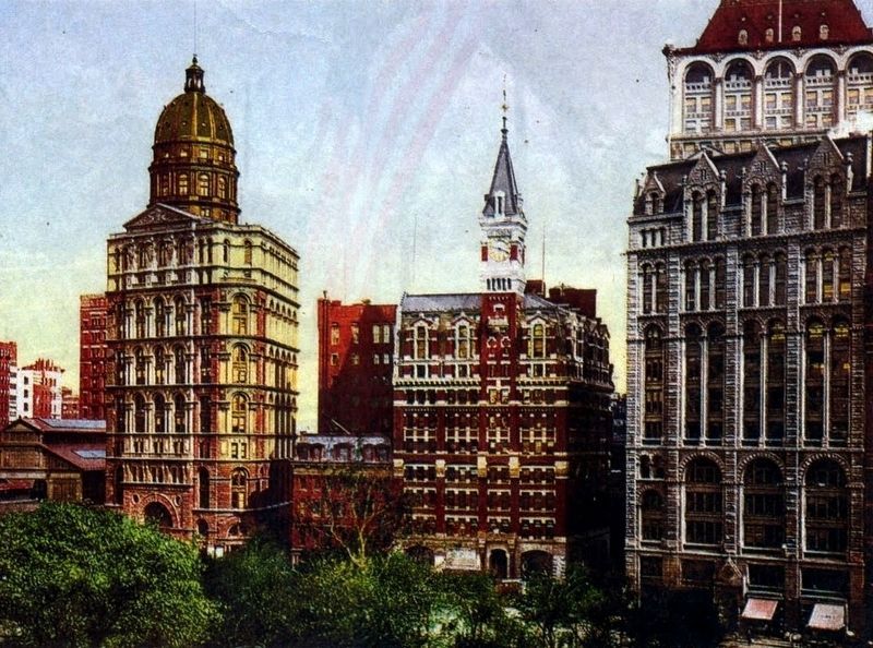 Newspaper Row, 1900: New York World, New York Tribune, New York Times image. Click for full size.