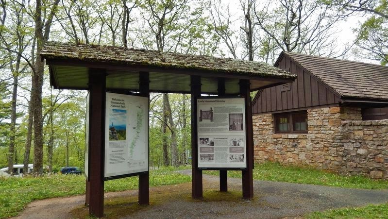Lewis Mountain Dilemma Marker Kiosk (<i>wide view � east side � campground restrooms on right</i>) image. Click for full size.