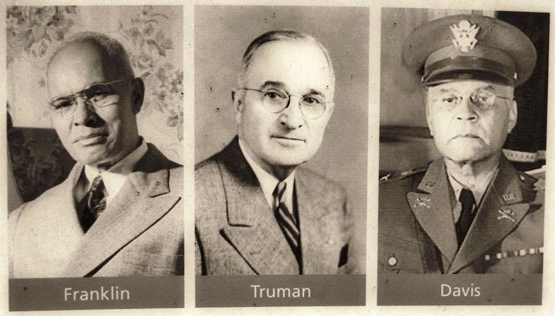 Marker detail: Chester A. Franklin � Harry S. Truman � General Benjamin O. Davis, Jr. image. Click for full size.