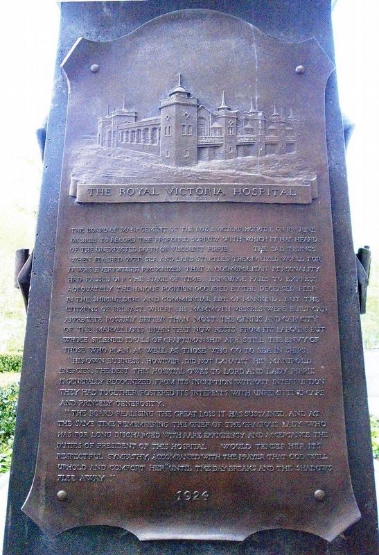 The Royal Victoria Hospital Marker on Pirrie Monument image. Click for full size.