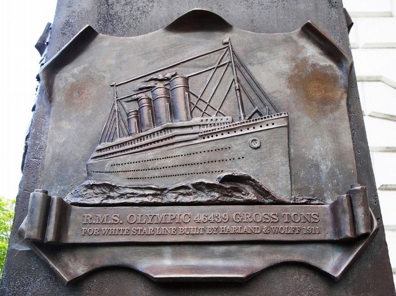 R.M.S. Olympic bas relief on Pirrie Monument image. Click for full size.
