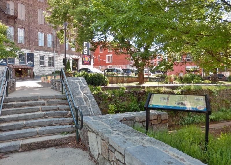 Lewis Creek Watershed Marker<br>(<i>wide view � beside sidewalk � overlooking Lewis Creek</i>) image. Click for full size.