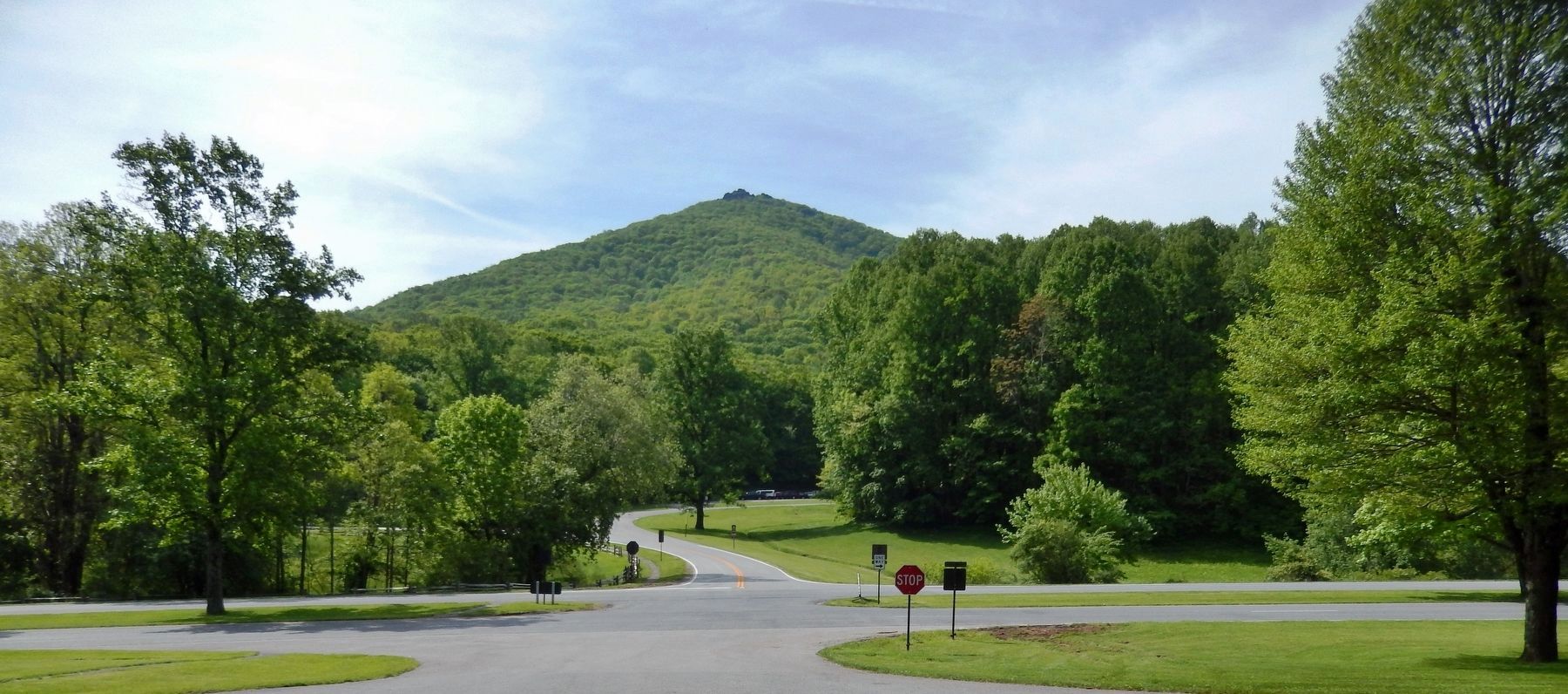 Blue Ridge Parkway and Sharp Top Mountain (<i>view south from near marker</i>) image. Click for full size.