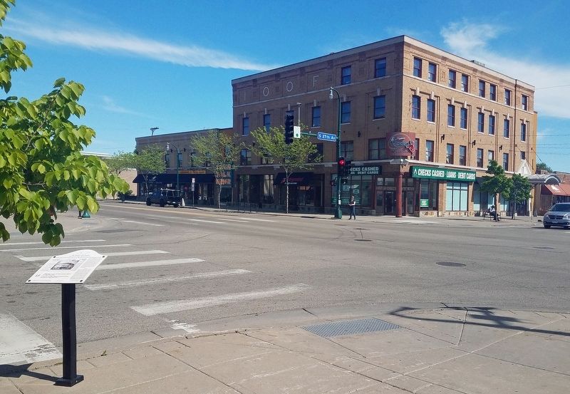 Marker at the northwest corner of E. Lake St. and 27th Ave. with IOOF Hall across the intersection. Click for full size. Marker at the northwest corner of E. Lake St. and 27th Ave. with IOOF Hall across the intersection image. Click for full size.