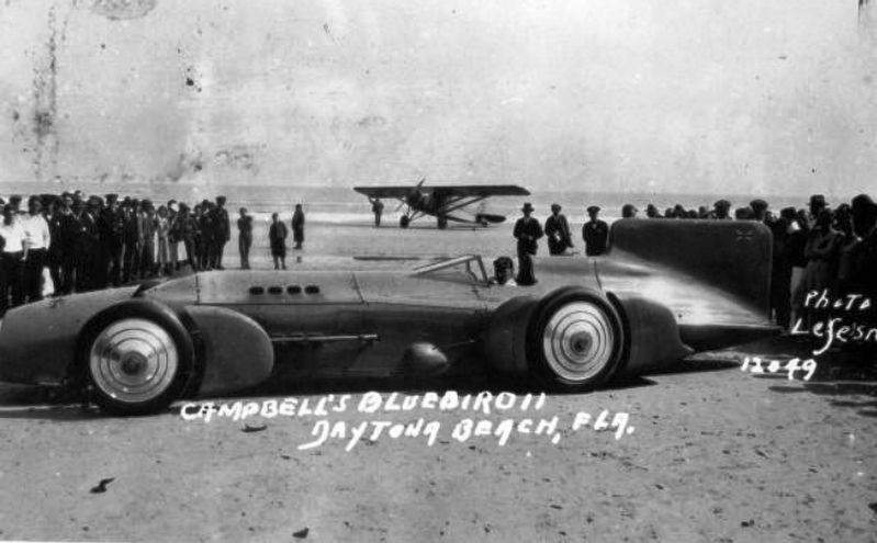Malcolm Campell's 1931 Speed record car Blue Bird at Daytona beach image. Click for full size.
