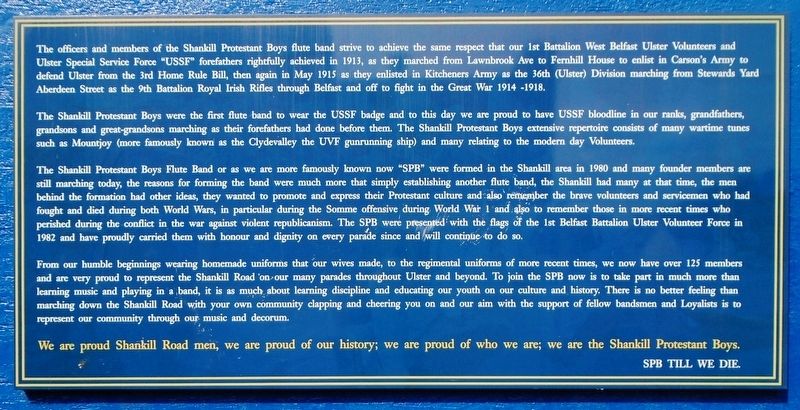 Shankill Protestant Boys Flute Band Marker. Click for full size. Shankill Protestant Boys Flute Band Marker image. Click for full size.