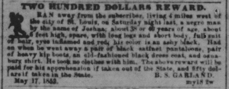 "Two Hundred Dollar Reward" - advertisement for the return of Joshua Gover <i>(click to enlarge)</i> image. Click for full size.
