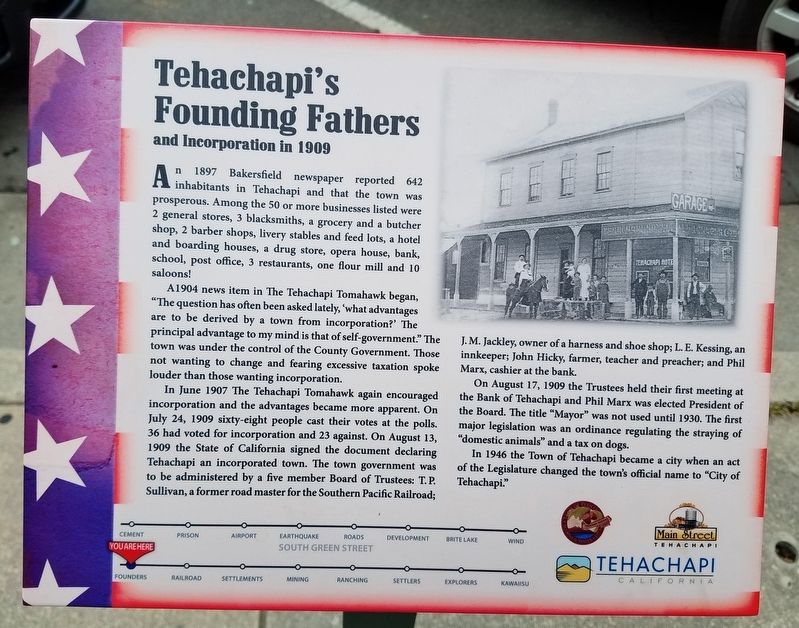 Tehachapi’s Founding Fathers And Incorporation in 1909 Marker image. Click for full size.