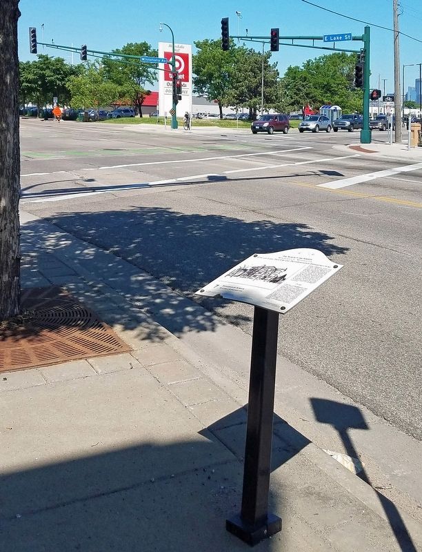 View of marker near the southeast corner of E. Lake St. and Minnehaha Ave. image. Click for full size.