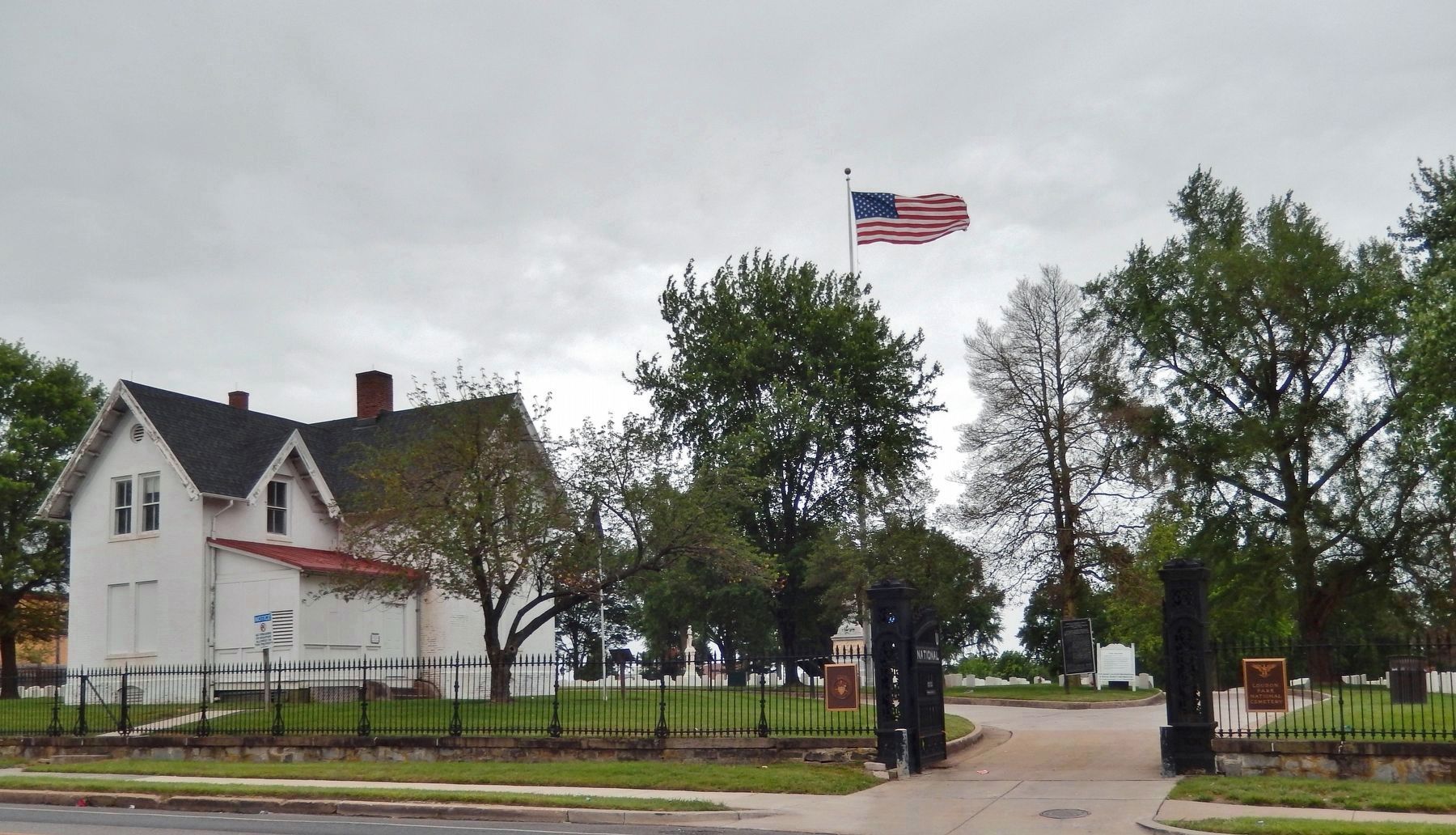 Loudon Park National Cemetery Entrance (wide view looking south from Frederick Avenue) image. Click for full size.