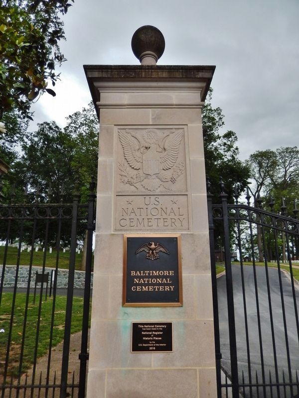 Baltimore National Cemetery Marker<br>(<i>marker is mounted on left gate post</i>) image. Click for full size.