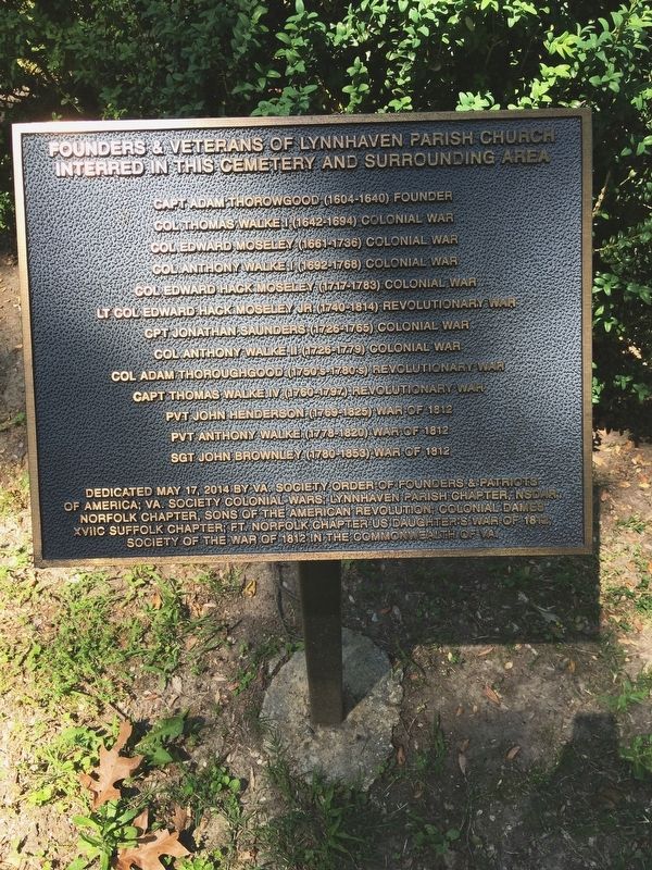 Founders and Veterans of Lynnhaven Parish Church Marker image. Click for full size.