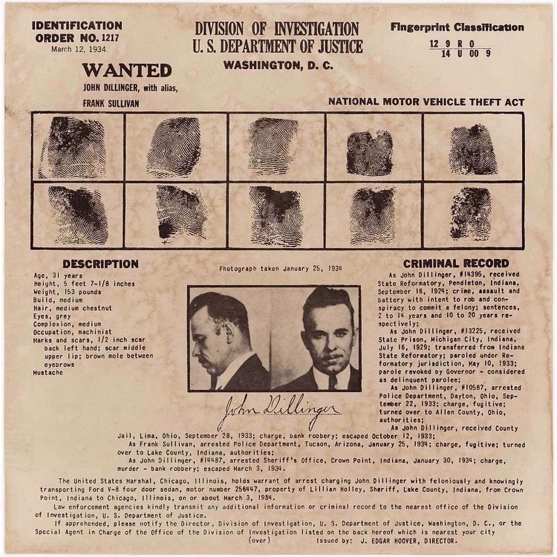 Identification Order No. 1217 - "Wanted, John Dillinger, with alias, Frank Sullivan" image. Click for full size.