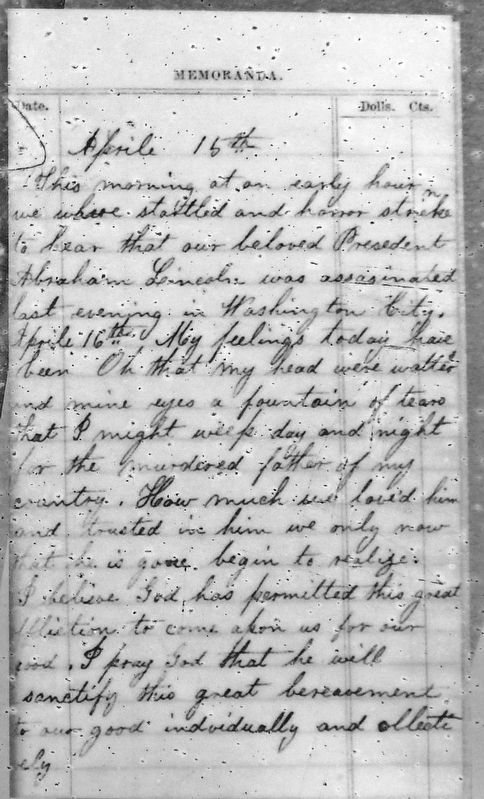 Marker detail: April 15, 1865 diary page about the assassination of President Abraham Lincoln image. Click for full size.