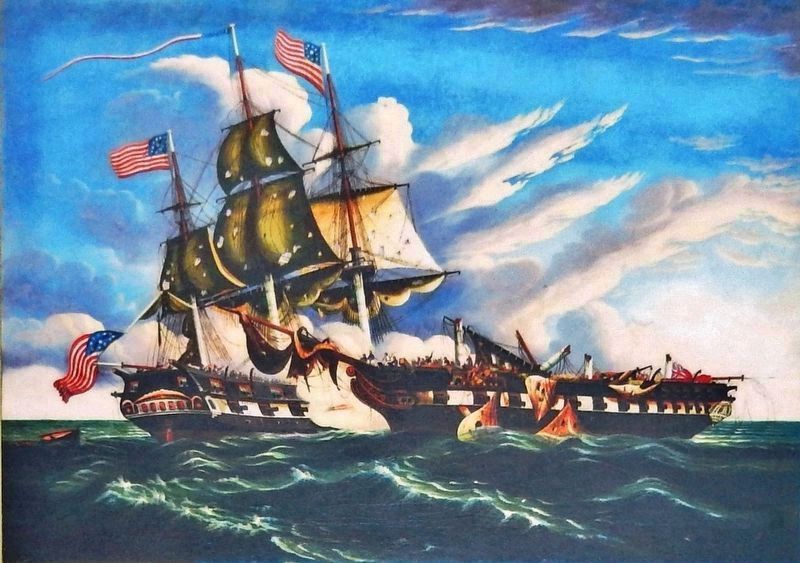 Marker detail: The <i>USS Constitution</i> defeated<br><i>HMS Guerriere</i> early in the War of 1812 image. Click for full size.