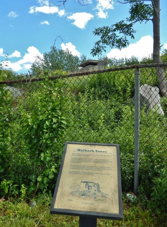 Walbach Tower Marker (<i>tall view • tower ruins in background behind fence</i>) image. Click for full size.