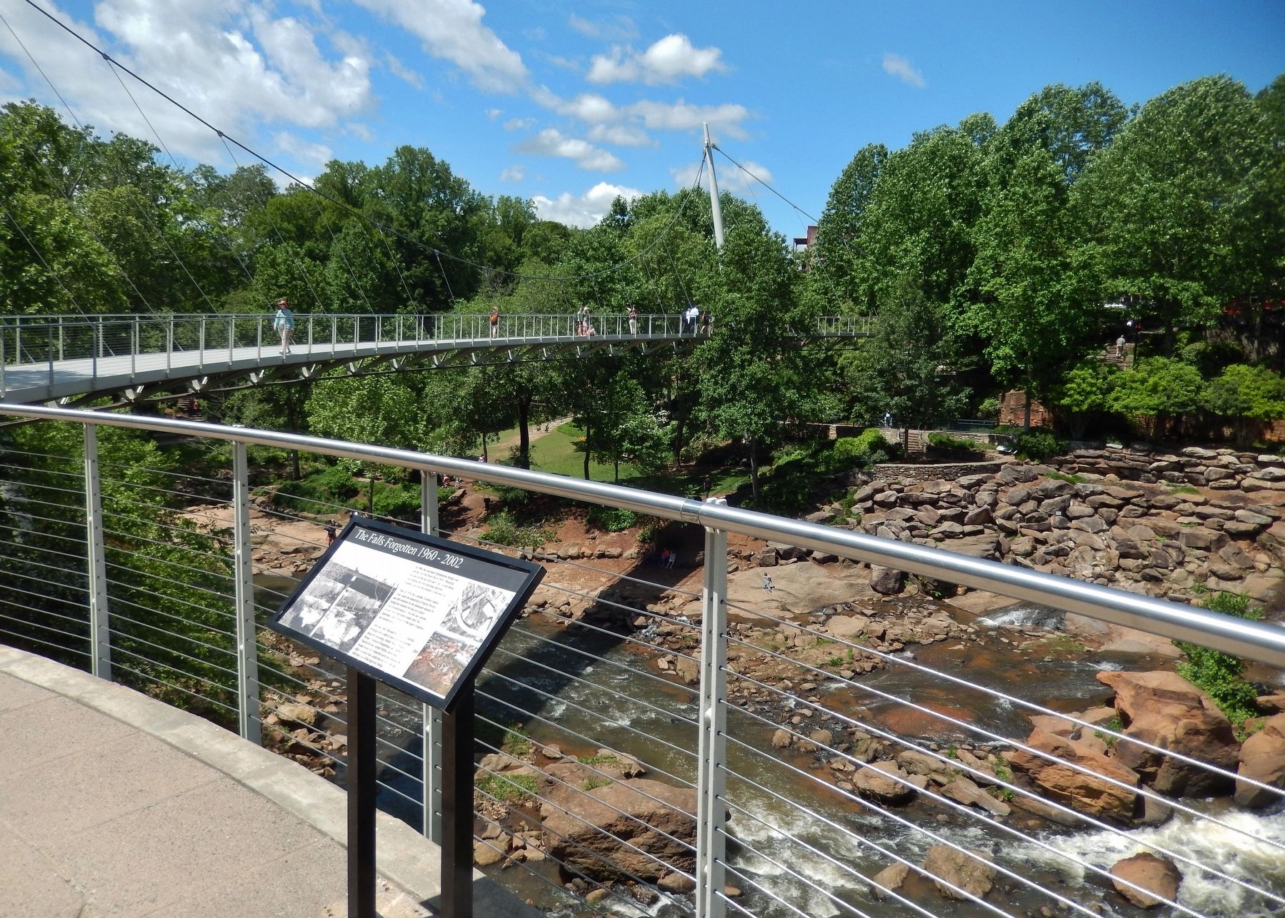 The Falls Forgotten 1960-2002 Marker wide<br>(<i>Liberty Bridge over Reedy River in background</i>) image. Click for full size.