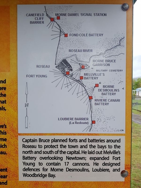 Morne Bruce Garrison Marker detail showing the British forts near Roseau image. Click for full size.