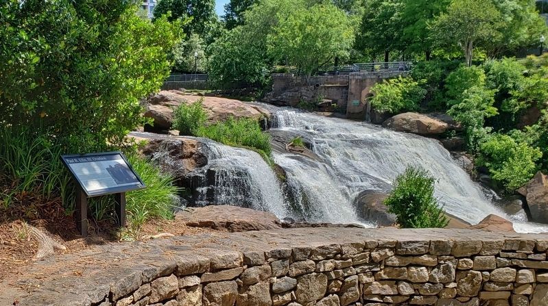 Paul Ellis, III Overlook Marker<br>(<i>wide view • Reedy River Falls in the background</i>) image. Click for full size.