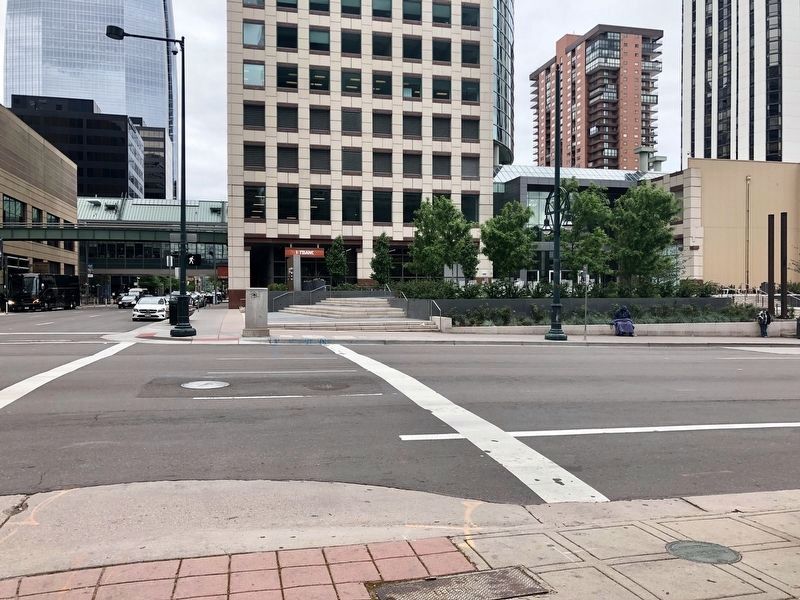 View of marker, on right, looking west on Lawrence Street. image. Click for full size.