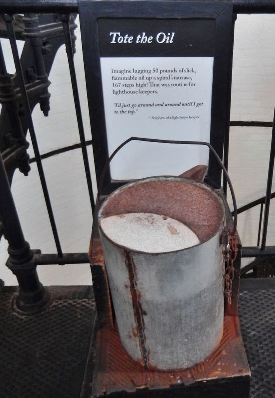 Tote the Oil (5-gallon oil can)<br>(<i>interpretive panel inside lighthouse</i>) image. Click for full size.