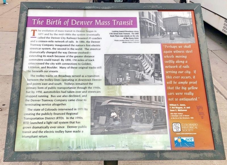 The Birth of Denver Mass Transit Marker. Click for full size. The Birth of Denver Mass Transit Marker image. Click for full size.