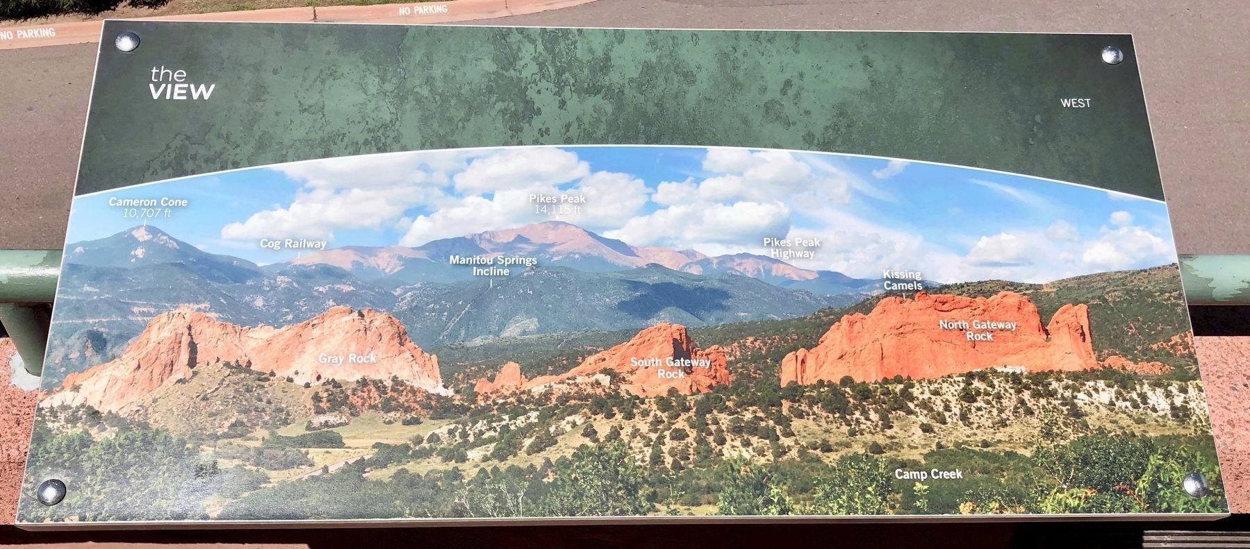 Marker view of Garden of the Gods with Pikes Peak in far background. image. Click for full size.