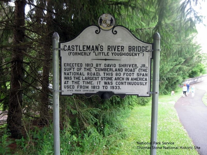 Castleman's River Bridge (Formerly "Little Youghiogeny") marker at west end of the bridge.. Click for full size. Castleman's River Bridge (Formerly "Little Youghiogeny") marker at west end of the bridge. image. Click for full size.