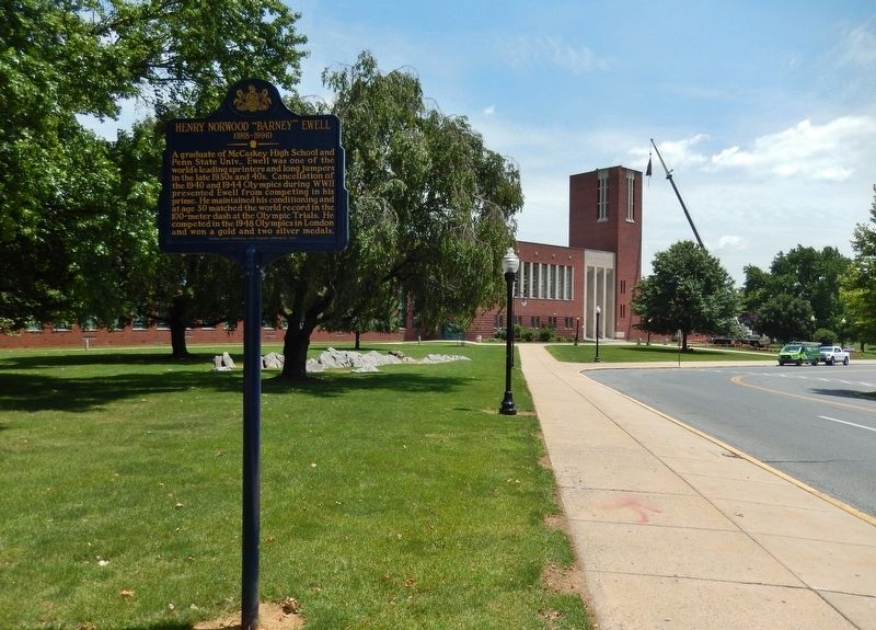Henry Norwood "Barney" Ewell Marker (<i>wide view looking east along N. Reservoir St. to school</i>) image. Click for full size.