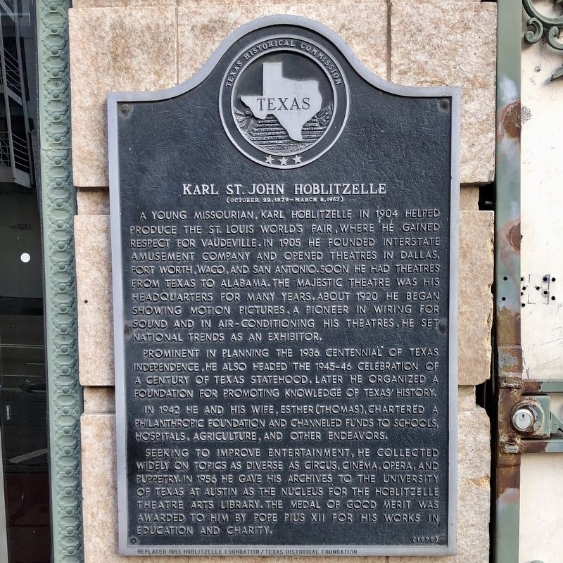 Karl St. John Hoblitzelle Texas Historical Marker image. Click for full size.
